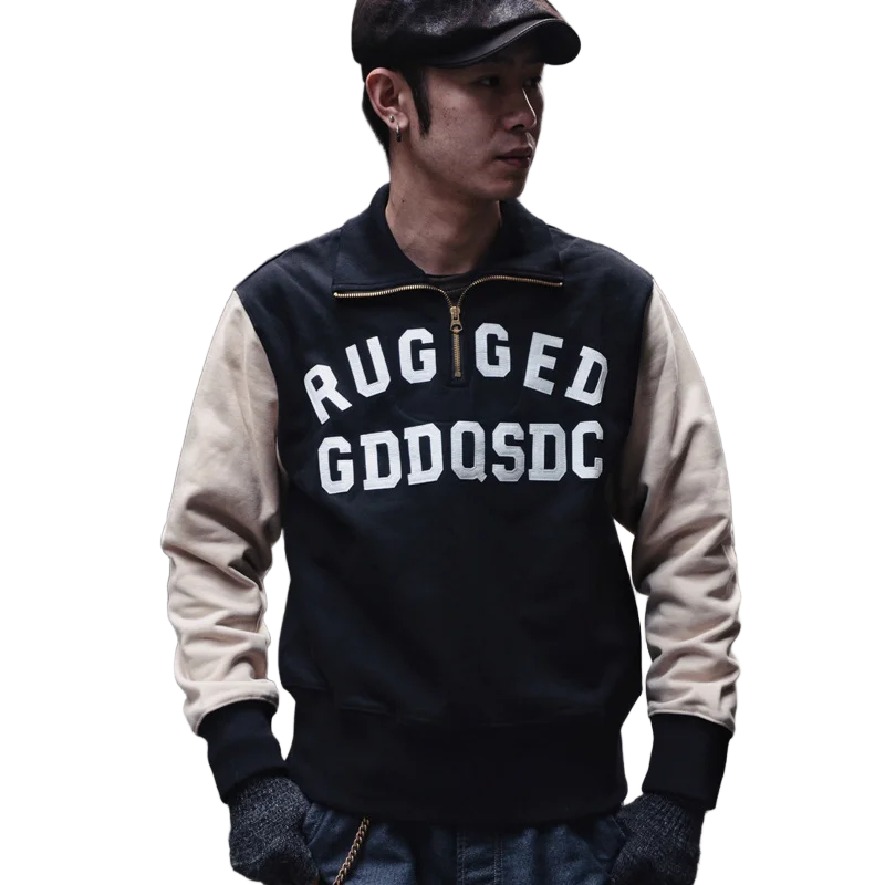 GDDQSDC heavyweight half-zipper sweatshirt American retro plus velvet pullover contrast color embroidery men and women