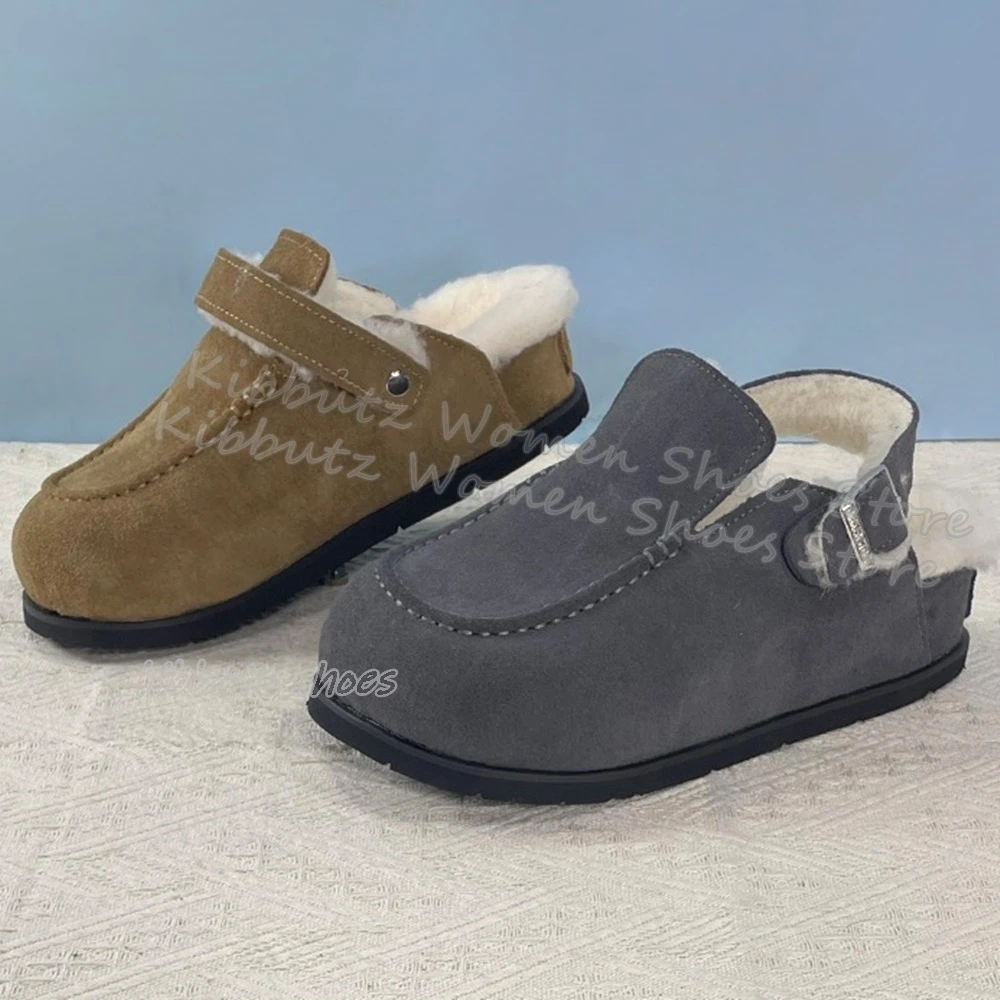 

Furry Slipper Warm Winter Outdoor Solid Color Slip-On Belt Buckles Fashion Elegant Concise Concise Shoes Round Toe Flat With New