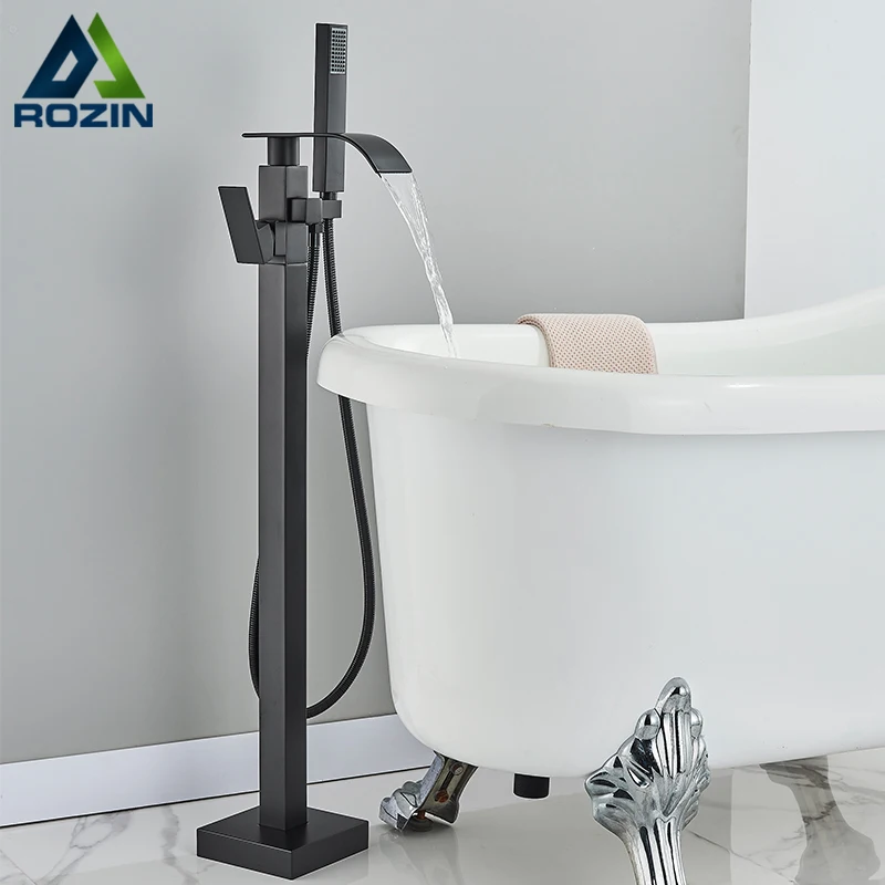 Black Bathtub Shower Faucet Bathroom Brass Square Floor Standing Bathtub Faucets Waterfall Hot Cold Water Mixer Tap