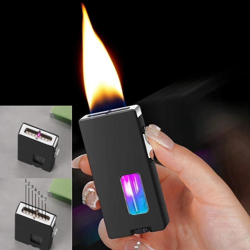 New Shake Ignition Electronic Lighter Ultra Wide Open Fire Seven Holes Outlet Gas Lighter LED Visible Gas Window Gravity Sensing