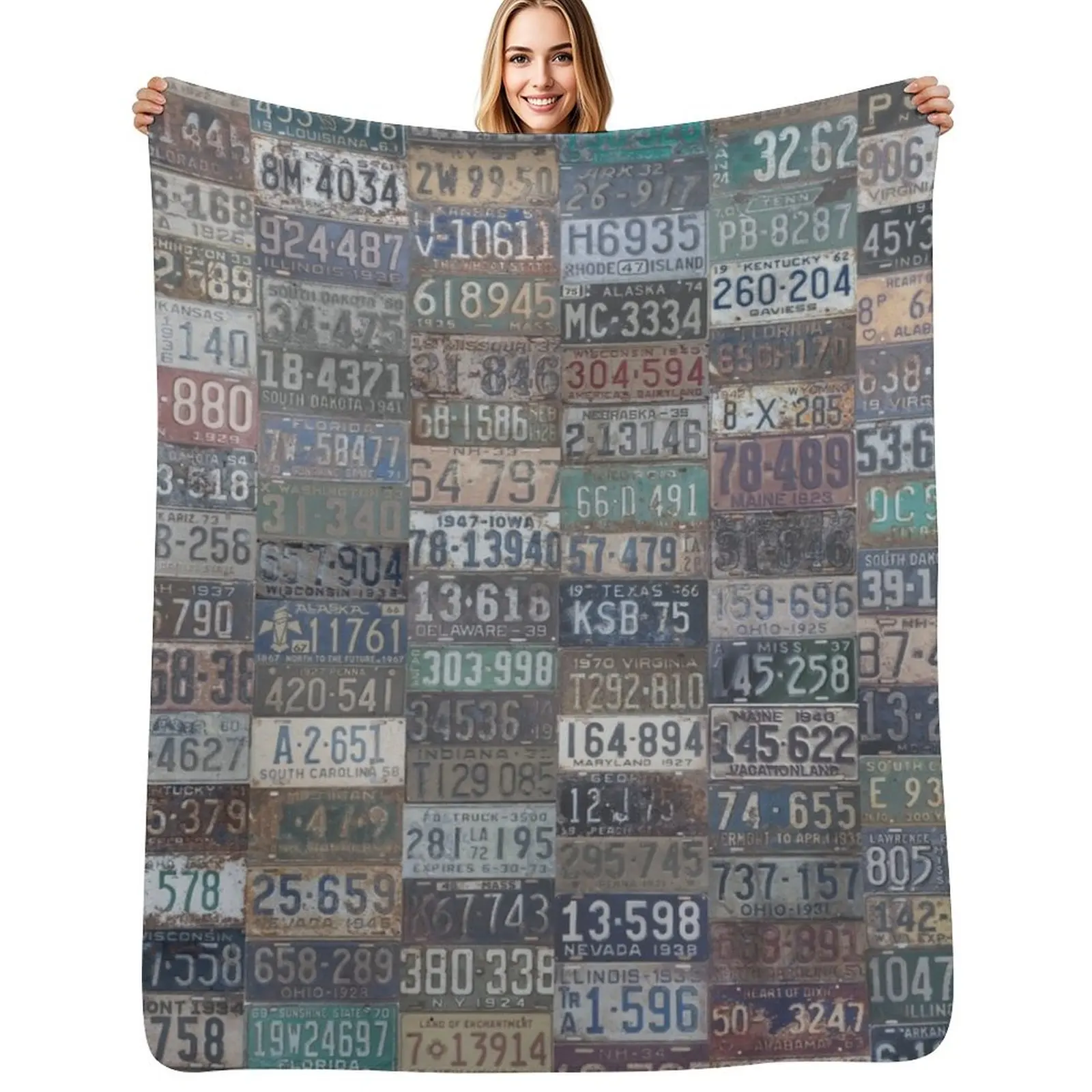 

Vintage USA License Plates Throw Blanket Large Plaid Blankets