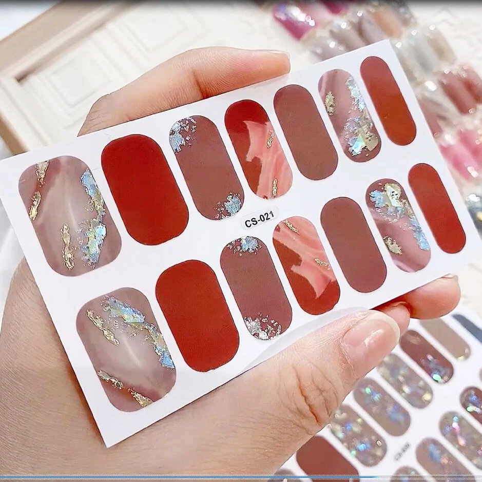 14 نصائح/ورقة الخبز خالية الرخام التدرج مسمار الشريط مع شريحة أذن البحر غير النظامية ملصقات طلاء الأظافر طويلة الأمد الأشعة فوق البنفسجية مسمار مائي