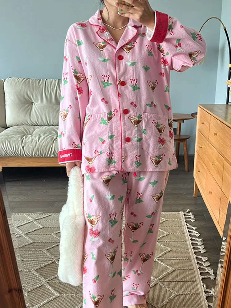 Damen Niedlicher Cartoon-Druck 100% Baumwolle Gebürstetes Pyjama-Set Frühling Herbst Langarm-Oberteil Lange Hose 2-teilig Loungewear Homewear – Detail 33