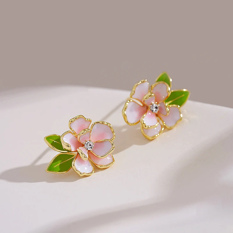 1Pair Fashion Camellia Enamel Flower Leaf Earrings Sweet Elegant Stud Earrings For Women Girls Anniversary Jewelry Gifts