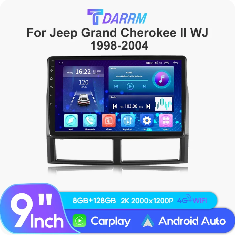 2Din Android12 radio mobil untuk Jeep Grand Cherokee II, radio mobil navigasi GPS WJ1998-2004 tanpa kabel, pemutar Video Multimedia mobil