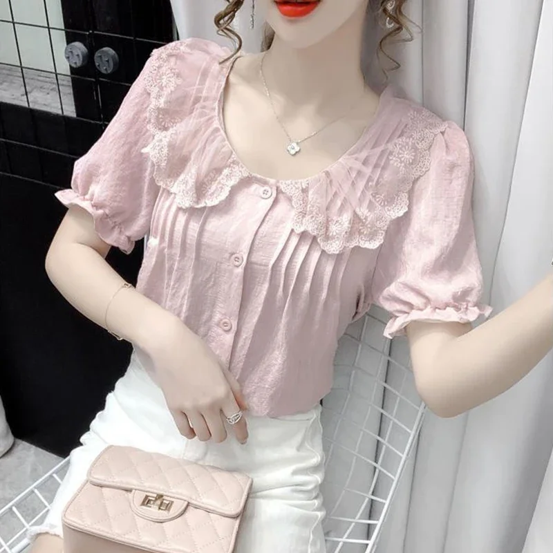 Vintage Spitze Patchwork weiße Hemden Sommer Frauen koreanische Mode Kleidung schlanke süße Mädchen Puff ärmel Tops y2k Blusen rosa