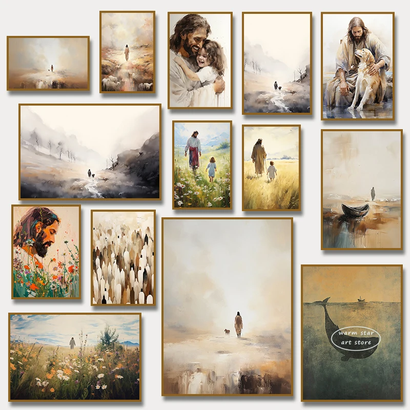 (2D Canvas Painting)  1pc framless Canvas Painting Watercolor Jesus Walk on Water with Children Jesus Leaves The 99  Bible Ar