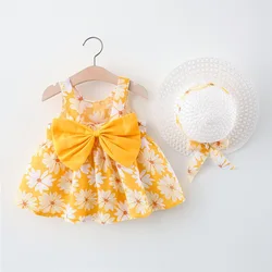 Conjunto de 2 piezas para niña pequeña, ropa coreana con flores y lazo, vestidos de princesa sin mangas + sombrero para el sol, BC1984