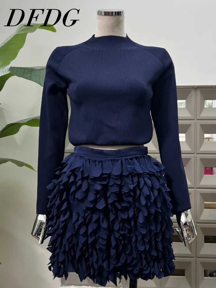 

DFDG Women’s 2025 New 2 Piece Set Cropped Knit Top And Fringe Mini Bodycon Skirt Simple Casual Spring Summer Daily Outfit Set