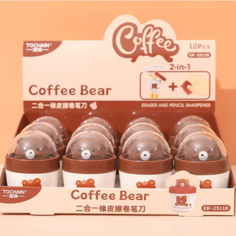 12pcs/lot Kawaii Bear Pencil Sharpener Eraser Cute Hand Mechanical Cutter Knife Stationery Gift School Supplies