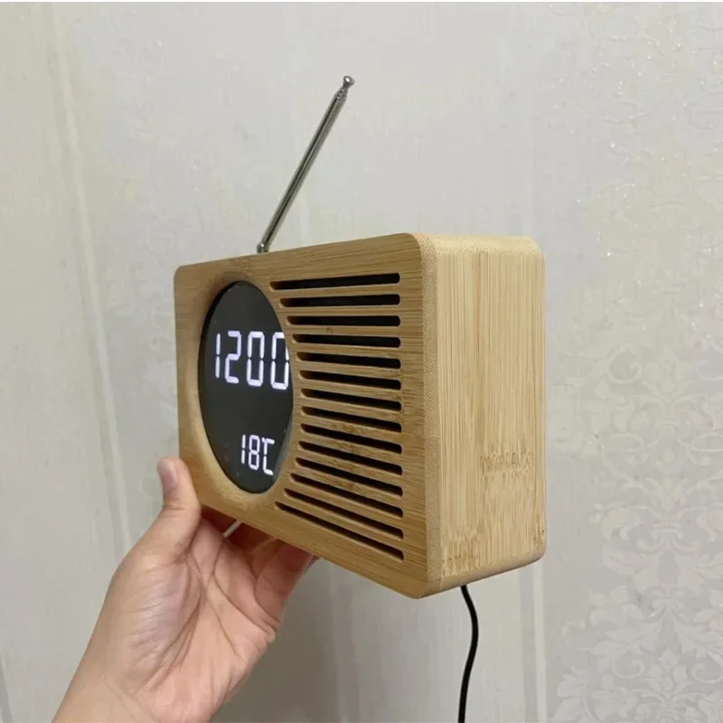 Alarm Clock Digital Radio Clock, Bamboo FM Radio LED Clock Multifunction Wooden Electronic Alarm Clock Intelligent Voice Control