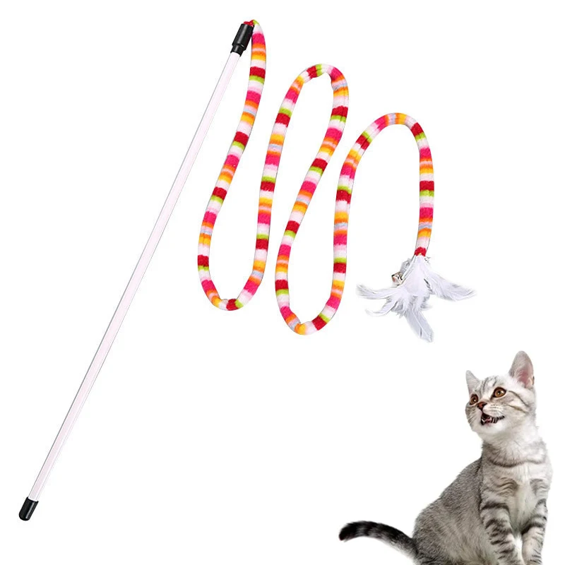 Interactive Cat Wand Toy, Colorful Cat Feather Toys with Bells, Cat Teaser Wand String Plush Toy