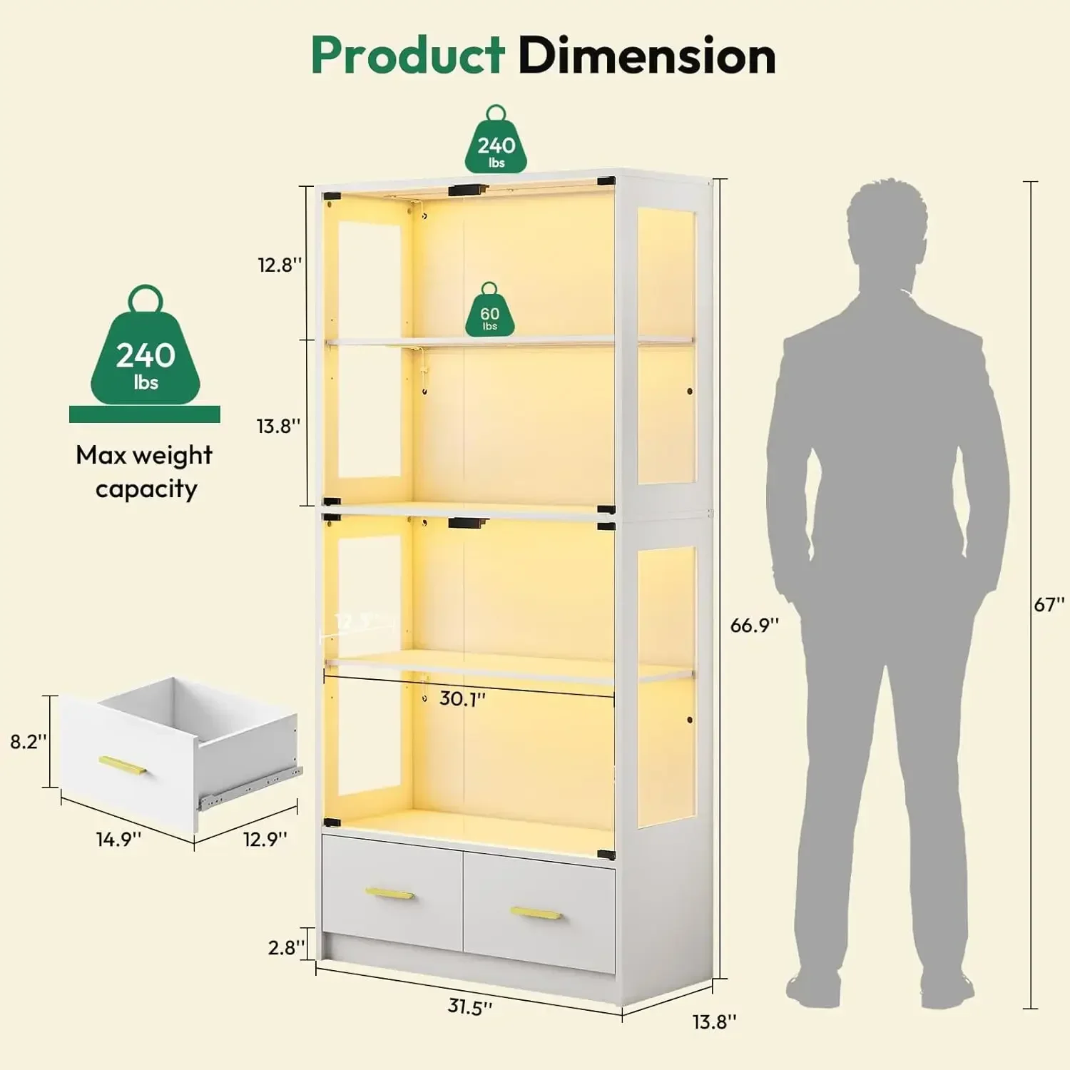 67-inch Glass Display Cabinet – Curio Cabinet with RGB LED Lights, 2 Drawers & Anti-Tip Design for Collectibles, Figures, Living