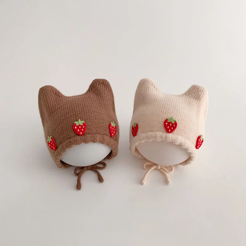 

Милая клубника, детская защитная шапка для ушей, детский зимний теплый головной убор, однотонные шерстяные вязаные шапки, шапочки для новорожденных