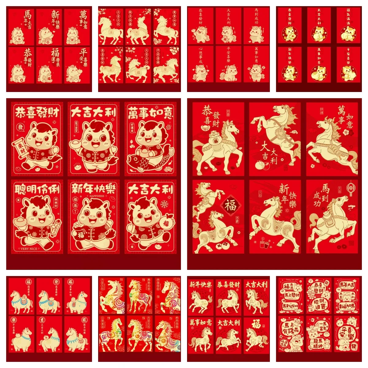 12Pcs Chinese New Year Money Envelope 2026 Horse Year Red Envelope Red Pocket Creative Cartoon Spring Festival Envelope