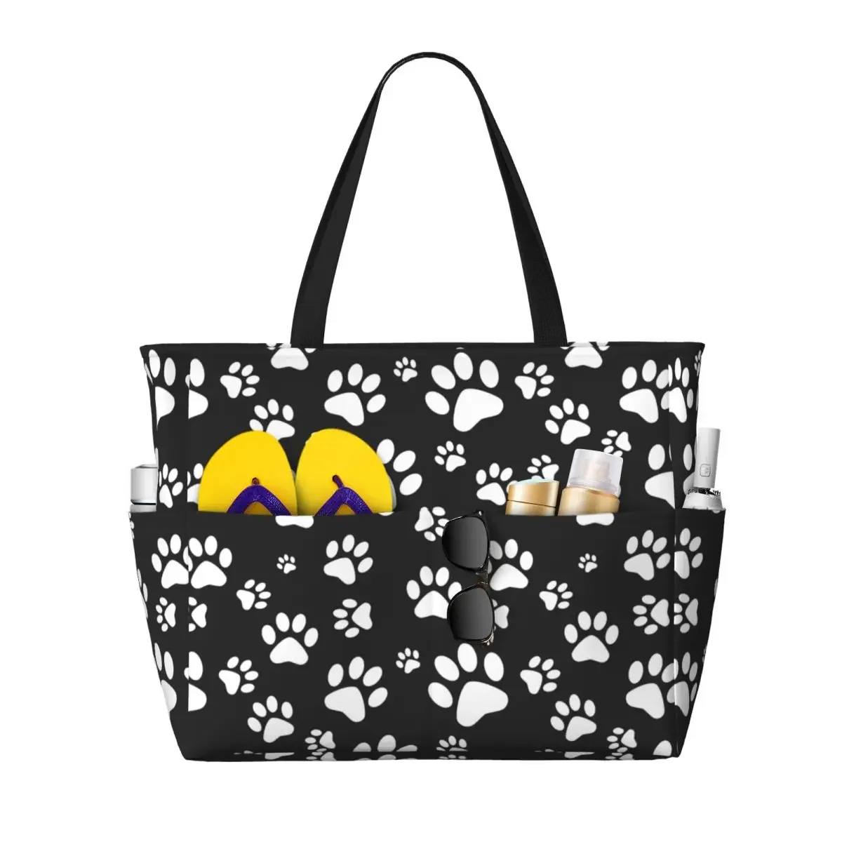 

Custom White Puppy Dog Paw Beach Tote Bag Women Extra Large Gym Carry On Travel Shopping Bags