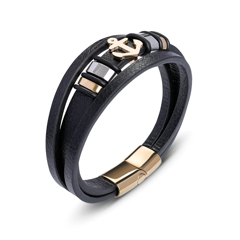 Fashion Stainless Steel Golden Ship\'s Anchor Bracelet Charm Men Leather Bracelet Braided Punk Rock Bangles Jewelry Accessories