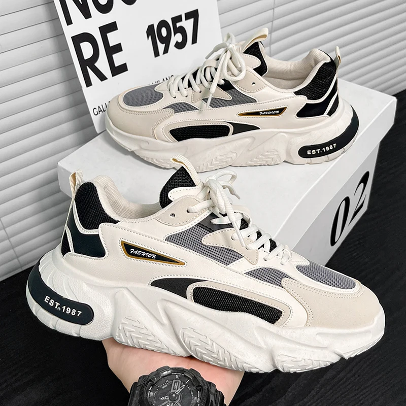 

Thick Sole Versatile Clunky Sneaker for Men 2024 New Trend Mesh Lace Up Breathable Casual Sports Shoes Increased Soft Soles