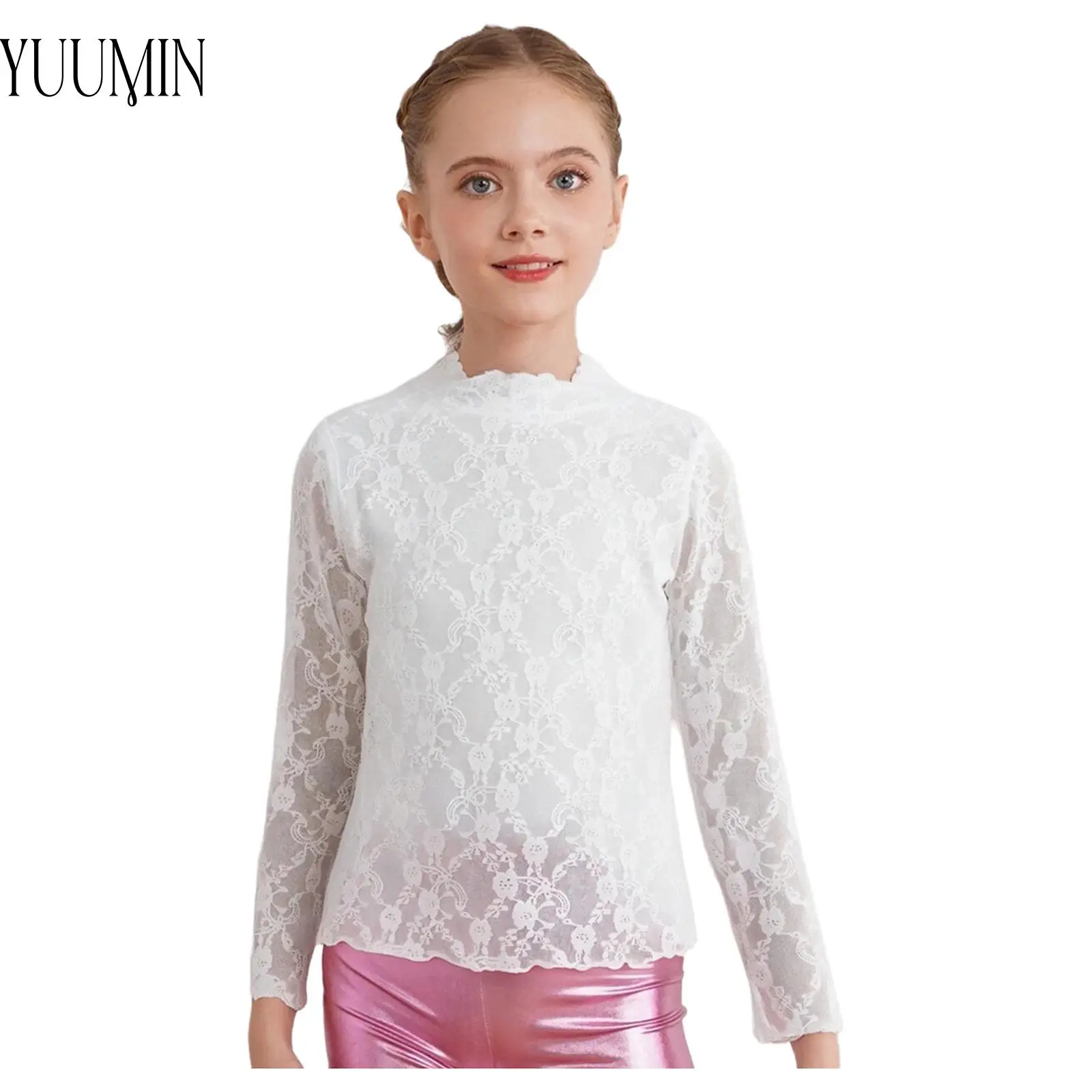 

New Kids Girl See-Through Floral Lace Top Long Sleeve Sheer T-shirt Undershirt for Birthday Party Photo Shoot Holiday Beach Wear