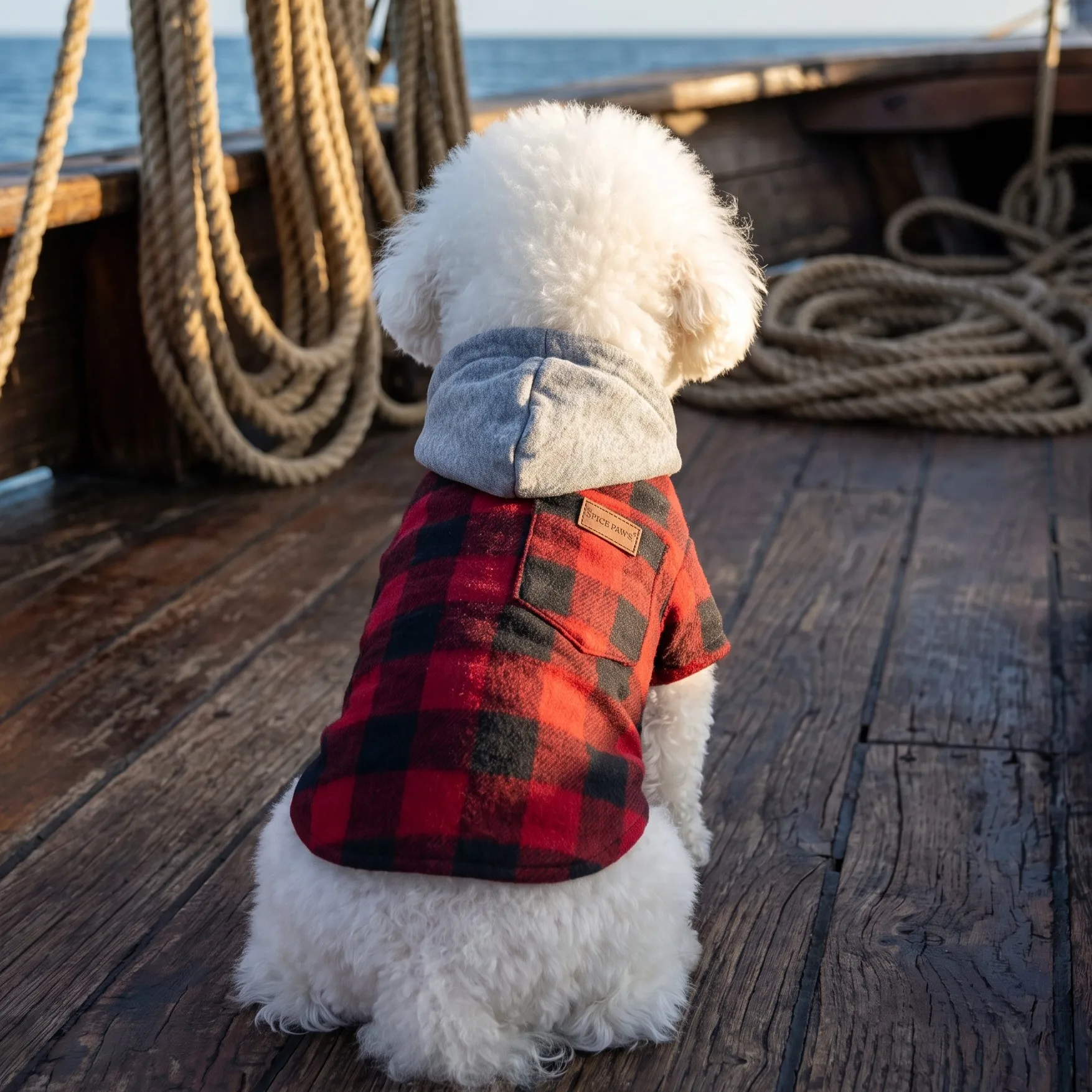 Kleidung für Hunde im Karomuster, Kapuzenjacke für Haustiere, Strickjacke mit Knöpfen für Hunde, Karo-Kapuzenjacke für Haustiere, Oberteil für Hunde mit Tasche. – Detail 4
