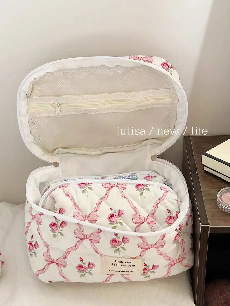 

Cotton Quilted Bow Flower Makeup Bag Women Zipper Cosmetic Organizer Fabric Handbag Portable Toiletry Case for Girls Gift