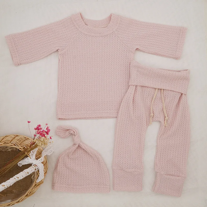 Waffle Infant Baby Boys Girls Outfits Long Sleeves Sweatshirt + Pants Set Clothes with Baby Hats for Autumn Winter Fall Clothes