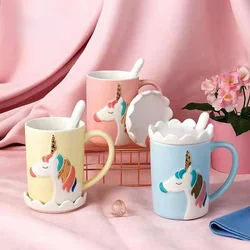 Ceramic Coffee Mug with Spoon Cover Lovely New Creative Cartoon Unicorn Crown Ceramic Cup Office Home Water Bottle Couple Gift