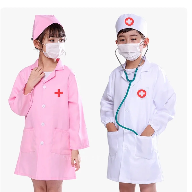 Kids Doctor Nurse Cosplay Coat Girls Boys Doctor Role Play Soft White Pink Coat for Children Stage Performance Cosplay