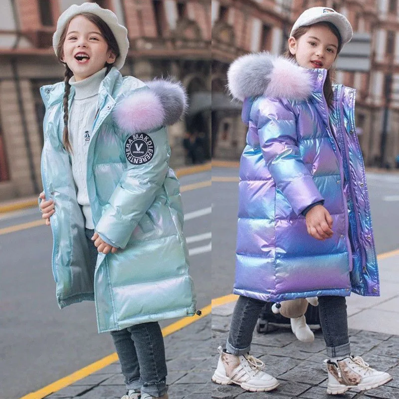 -30℃ Winter Girls Padded Jackets Kids Thick Warm Waterproof Shiny Hooded Coats Children Outerwear Clothes Teen Parka 5-14 Years