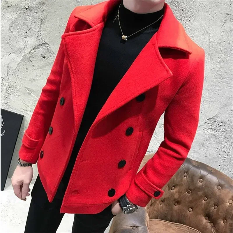 2023 New Fashion Men Double-Breasted Windbreaker Solid Color Slim Short Woolen Coat Winter Casual Warm Windbreaker Coat Size 5XL