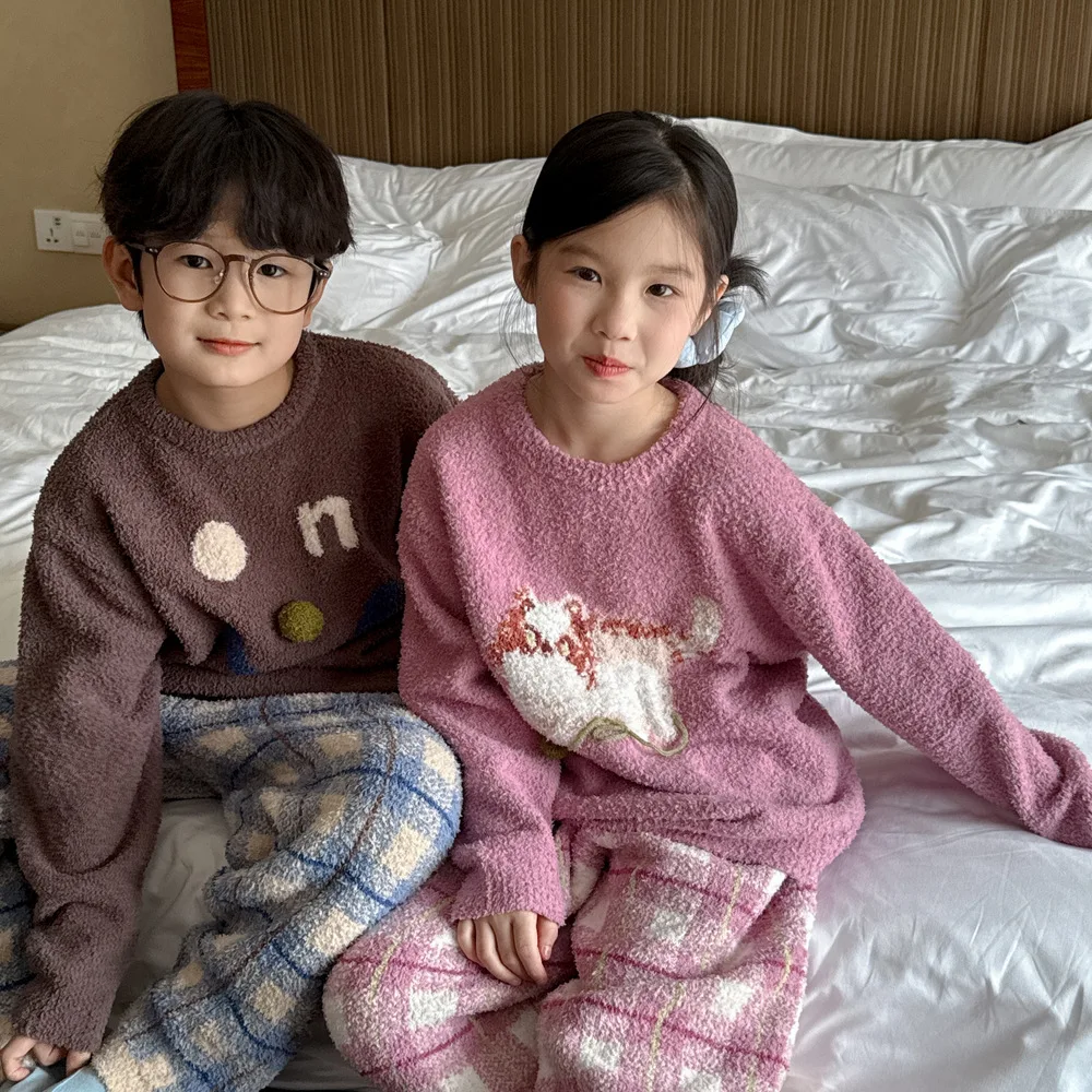 Winter Kids Girl 2PCS Pajamas Clothes Set Animal Jacquard Toddler Girls Fleece Tops+plaid Pants Outfits Baby Boys Homewear Suits