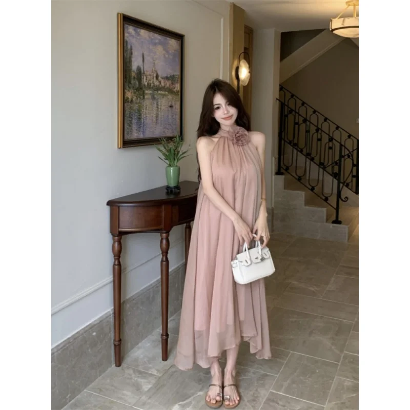 

Gentle Style Mesh Floral Off-Shoulder Halter Dress for Women Summer2024New Pink Loose FitaLong Skirt