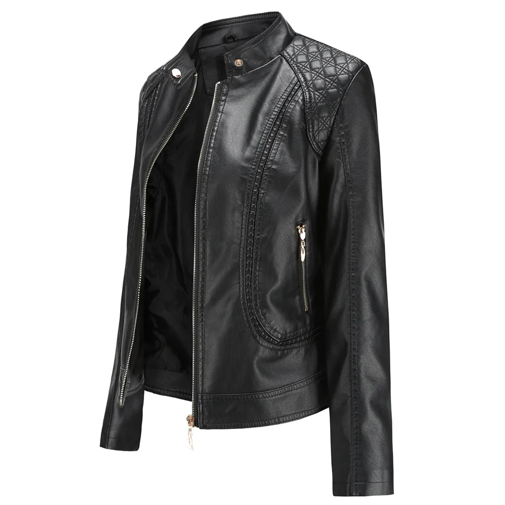Spring Women's Large Size Feminine PU Leather Stand-up Collar Leather Jacket