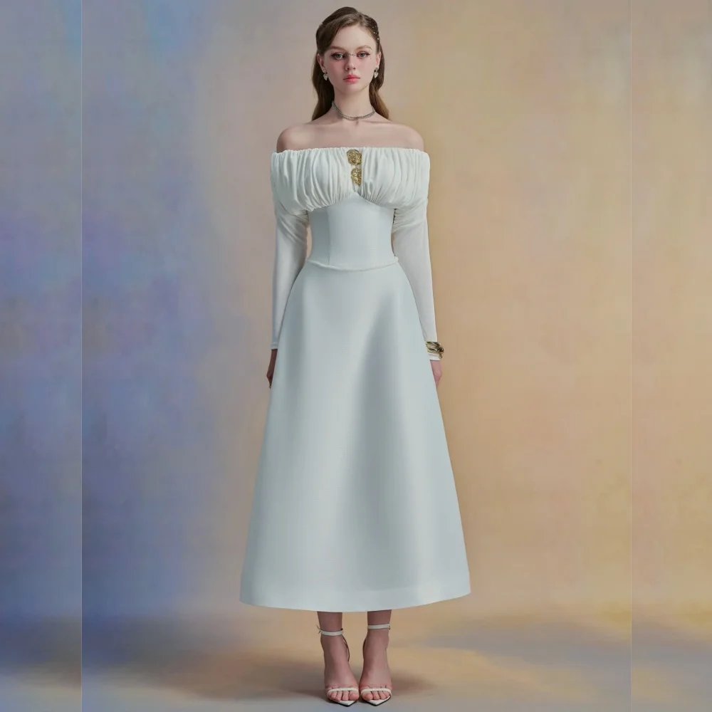 

Customized Formal Casual Jersey Sequined Pleat A-line Off-the-shoulder Midi Dresses Bespoke Occasion Pastrol