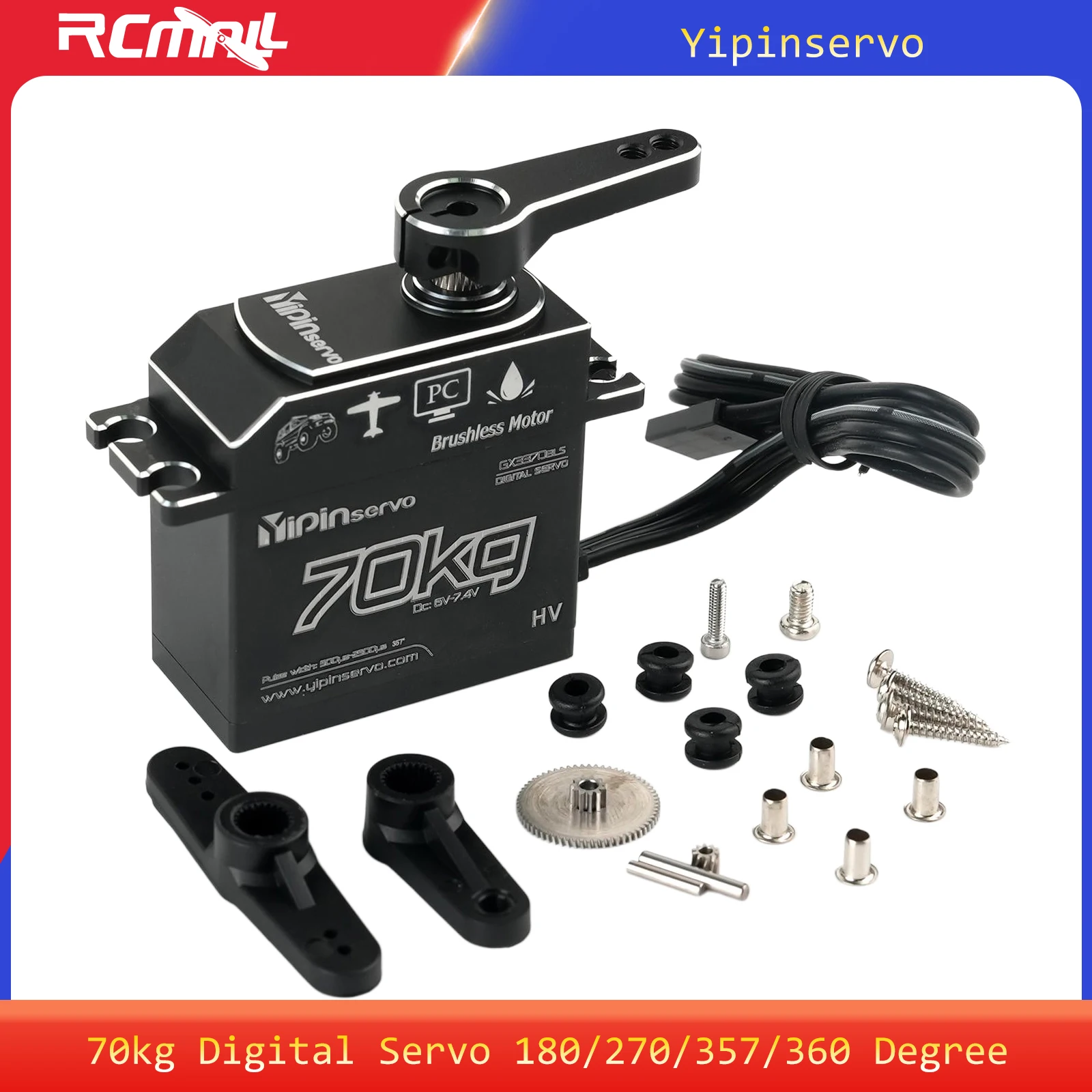 

70kg Digital Servo Full Metal Gear Brushless Motor IP67 180/270/357/360 Degree for RC 1/10 1/8 Traxxas TRX4 Axial SCX10 Car