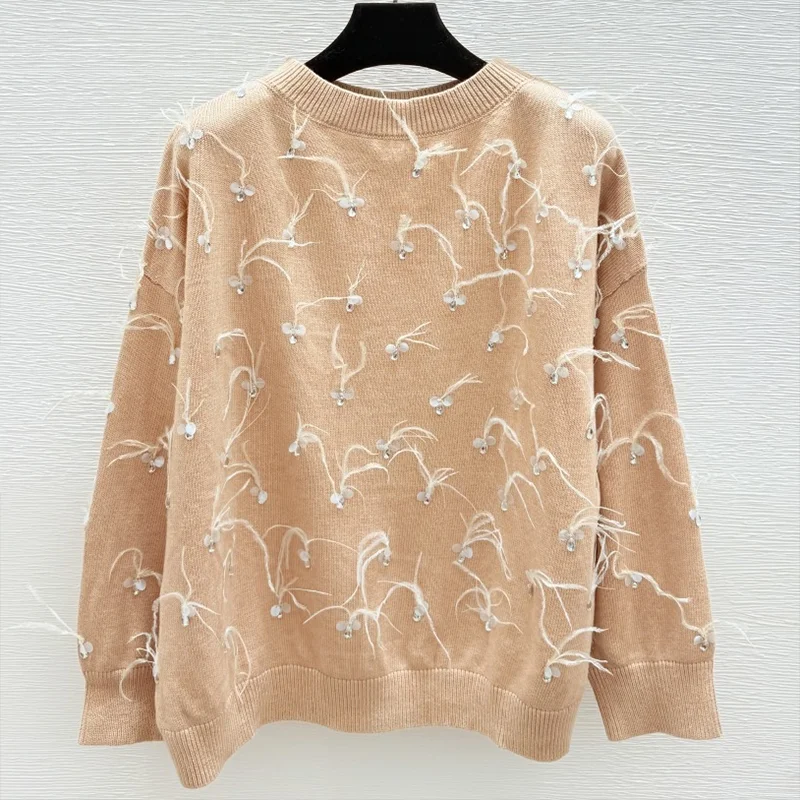 

High-quality women's wool blend sweater with heavy design of sequins and rhinestones - luxurious , exquisite pullover 251102145