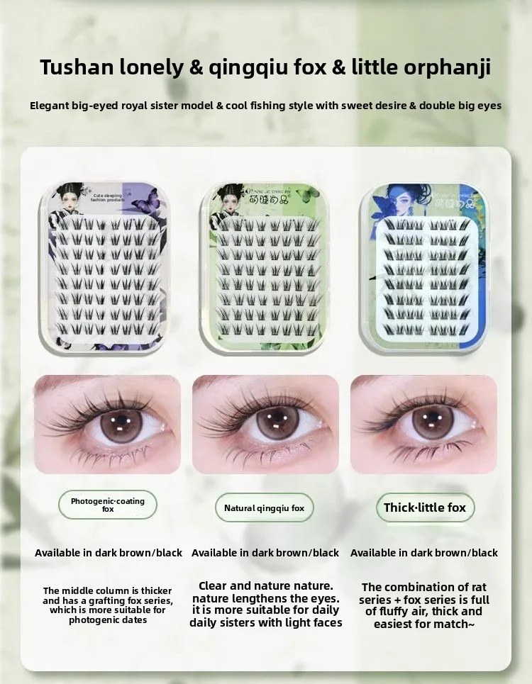 Klebefreie, natürlich aussehende Fox-Eye Wispy Lashes, flauschige, weiche, einzelne Wimpernbüschel, lange, verlängernde Cat-Eye-Kunstwimpern – Detail 6