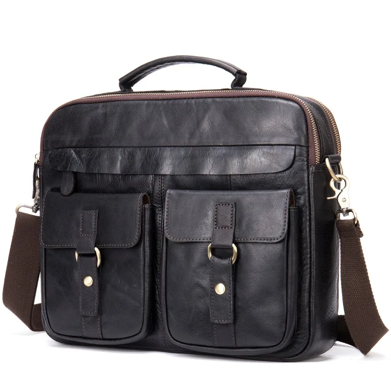 Large Capacity Men's Genuine Leather Briefcase Business Laptop Bag 14 Inch Padded Compartment Top Handle Office