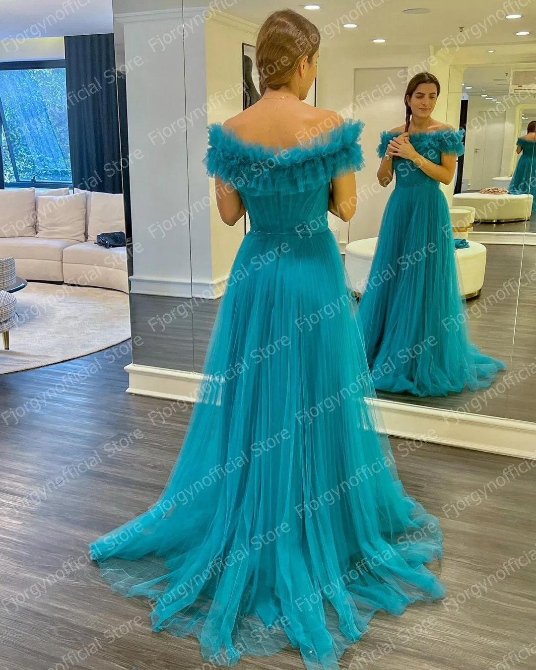 Elegant Blue Tulle Prom Dresses Cap Sleeves One Neck Long Women Evening Dressing Gowns Ruffles For Formal Party Dress 2023