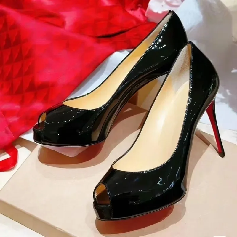 

Sloping Cross Pointed Heels Elegant Catwalk Shoes Sexy Peep Toe Black Patent Leather Heels Woman Open 12Cm Sandals Part Hand Bag