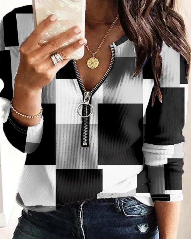 

Fashion Woman Blouse 2023 Spring Fashion Geometric Print Zipper Design Casual Round Neck Long Sleeve Daily Tee Top