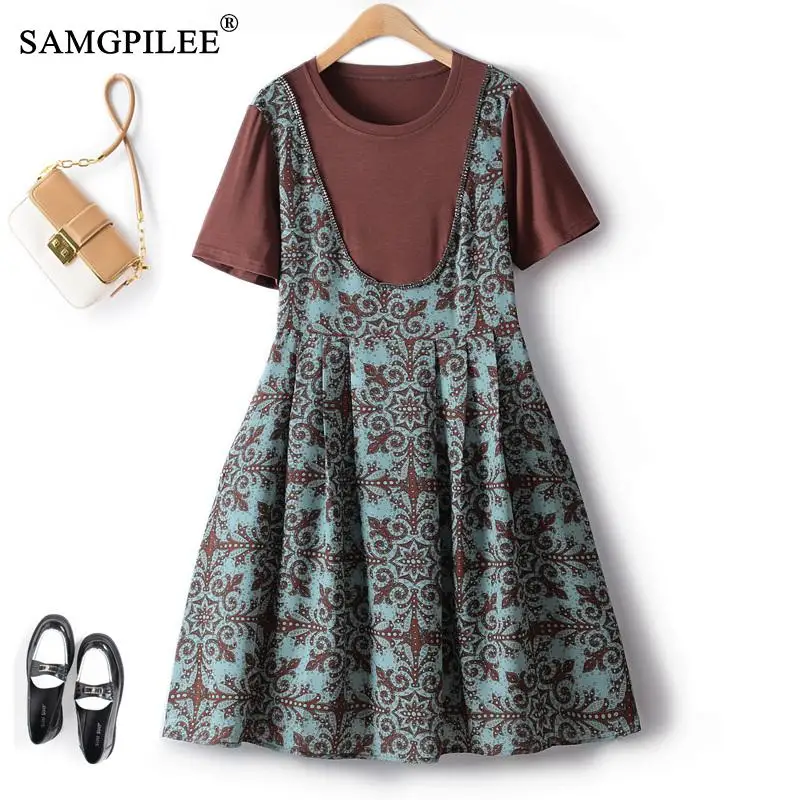 

Light Luxury Retro Style Fake Two Piece Printed Waist Pinched Light Chiffon Mid Length Short Sleeve Summer Dresses For Women 4XL