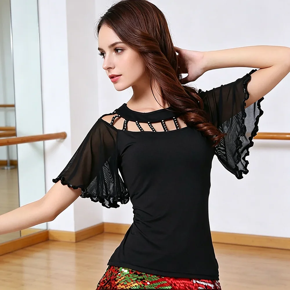 Ballroom Latin Dance Top Women Short Sleeve Mesh Trumpet Keyhole Round Neck Modern Performance Clothing kids clothes girls