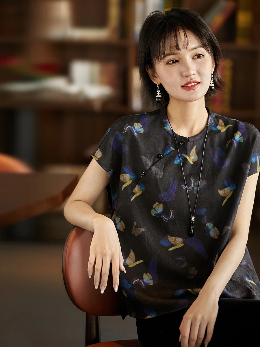

New Chinese Style Silk Shirt Women's Printed Xiangyun Silk Shadow Deep 26MM Floral Embroidery Traditional National ...