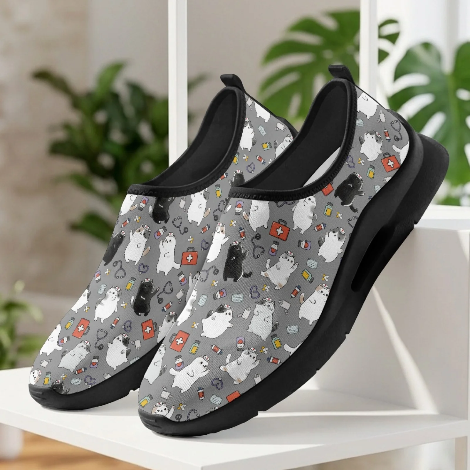 PENSTROLL Nurse Cat Pattern Pain Relief Casual Sneakers for Men for Male Walking Running, Slip on Casual Shoes