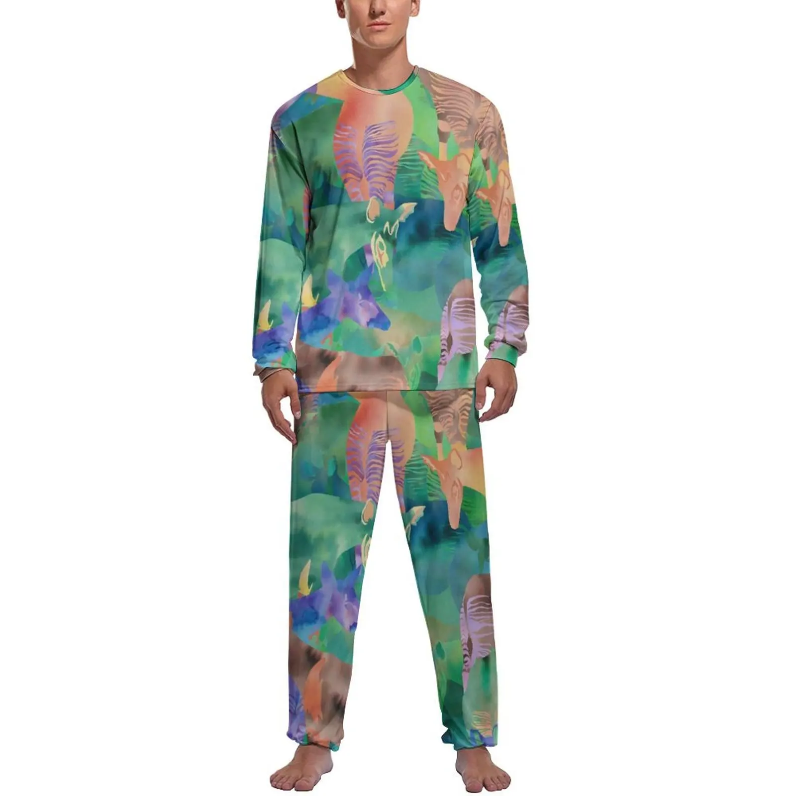 Abstract Giraffe Pajamas Spring 2 Piece Rainbow Animal Print Kawaii Pajamas Set Man Long Sleeves Room Design Sleepwear