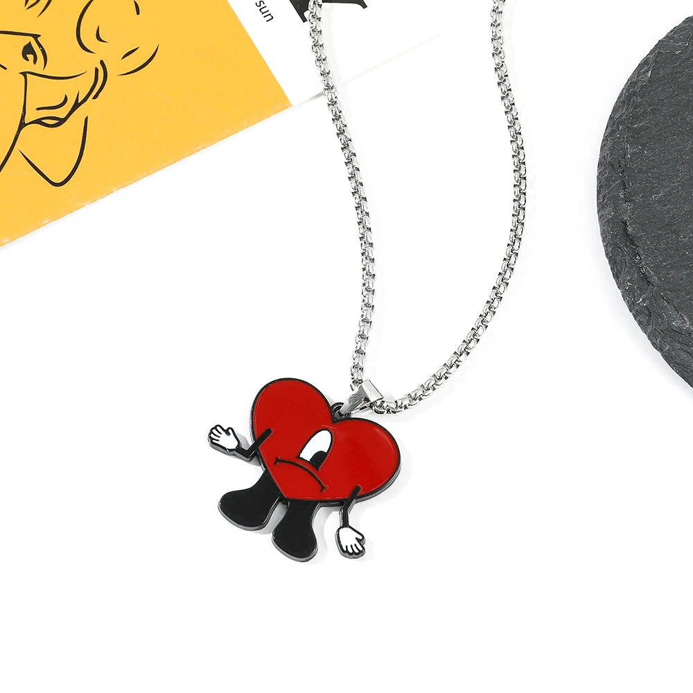 Trend Bad Bunny Necklace Cosplay Singer Bad Rabbit Red Heart Pendant Neck Chain Cute Decoration Jewelry Accessories for Fan Gift