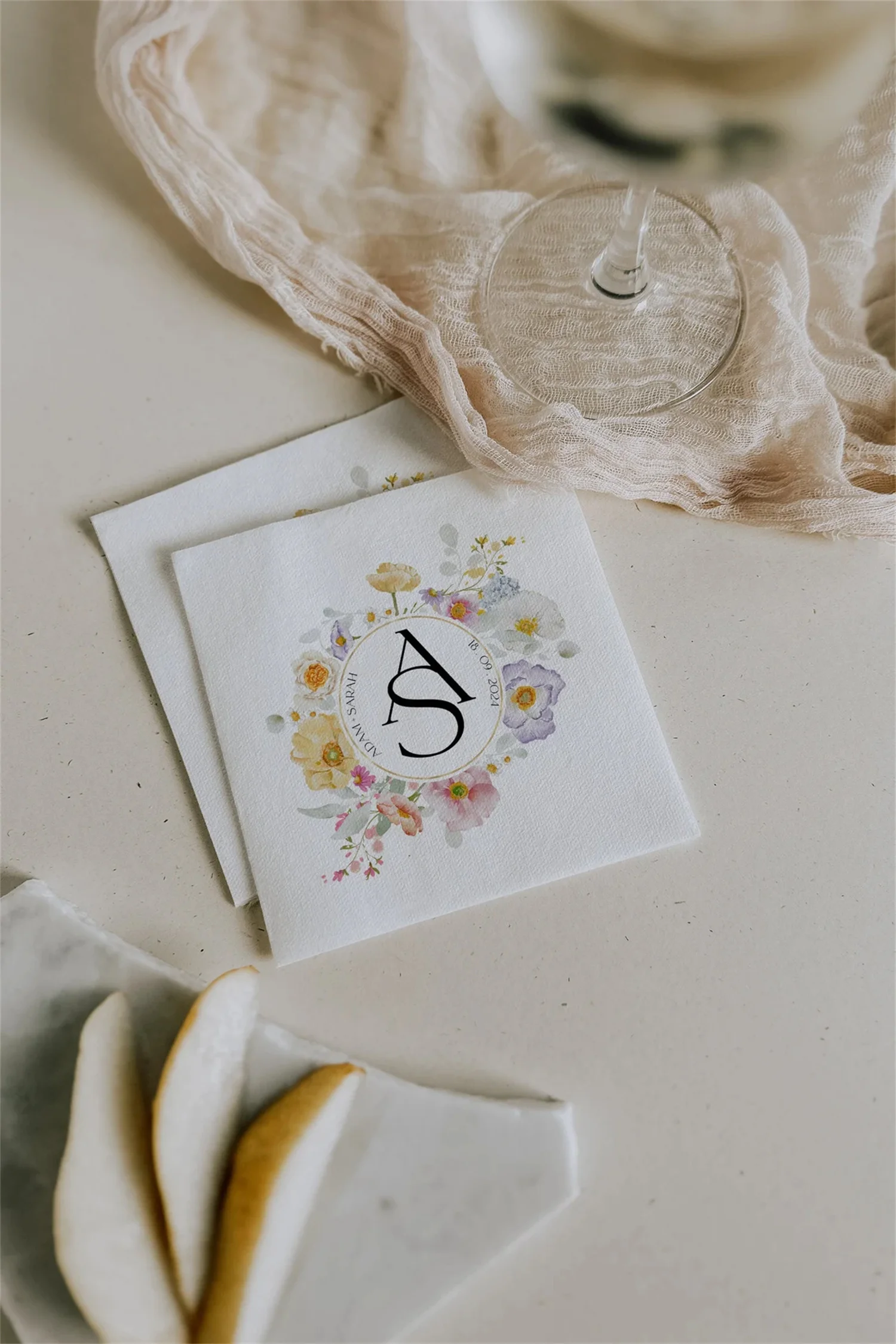 50pcs Summer Floral Custom Wedding Monogram Cocktail Napkins | Luxury Paper Napkins for Engagement Party, Rehearsal Dinner, Wedd