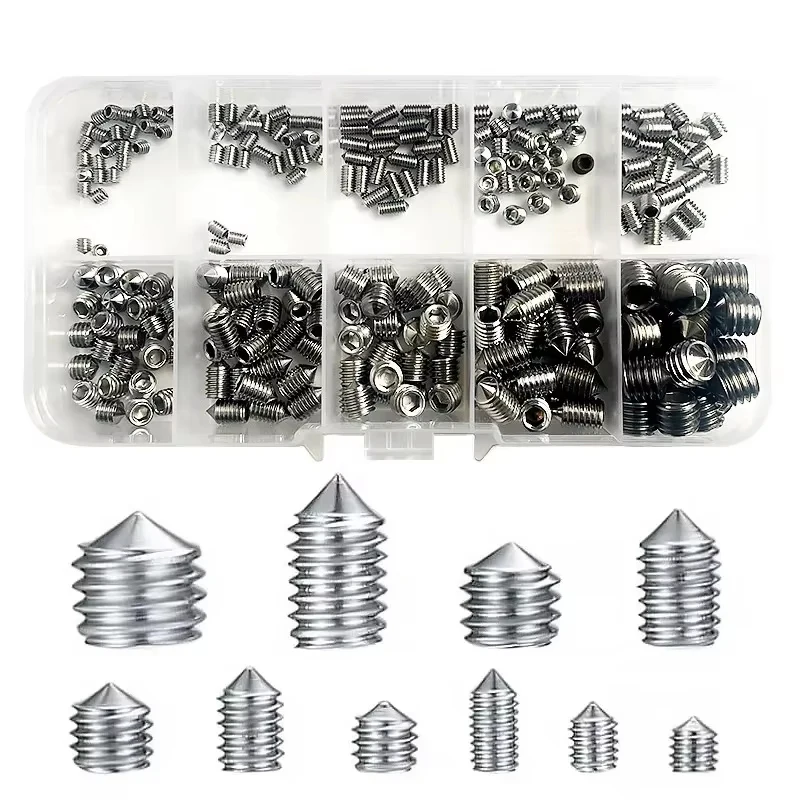 200Pcs Headless Hex Socket Screws, Stainless Steel Pointed Fastening Screws, Suitable For Home Repair, Small DIY Projects