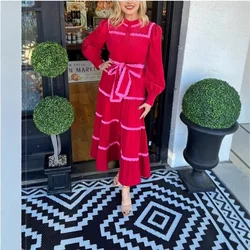 2024 Elegant Lace Single Breasted Shirt Dress Women's Casual Lace Up Long Sleeved Vestidos Fashion O Neck Blocked Party Dresses